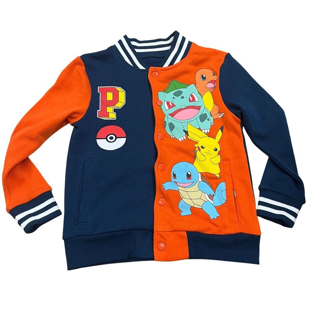 Pokemon Bomber Jacket Charmander Pikachu Squirtle Bulbasaur Orange Navy Kid's XS